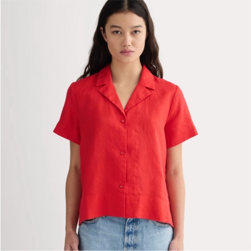 XS Red Everlane The Notch Linen Button Front Shirt Short Sleeve
